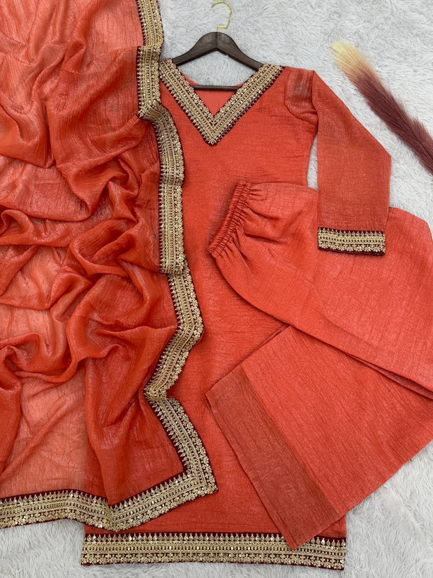 Amazing Soft Gold Crush Silk Orange Color Palazo Suit