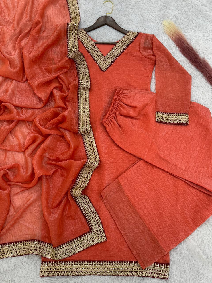 Amazing Soft Gold Crush Silk Orange Color Palazo Suit