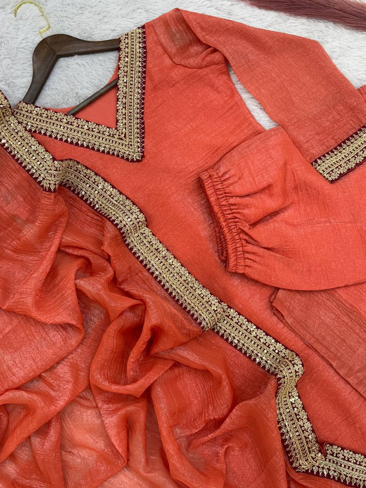 Amazing Soft Gold Crush Silk Orange Color Palazo Suit