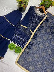 Fashionable Georgette Blue Color Sharara Suit