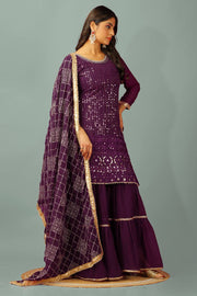 Fashionable Georgette Wine Color Sharara Suit