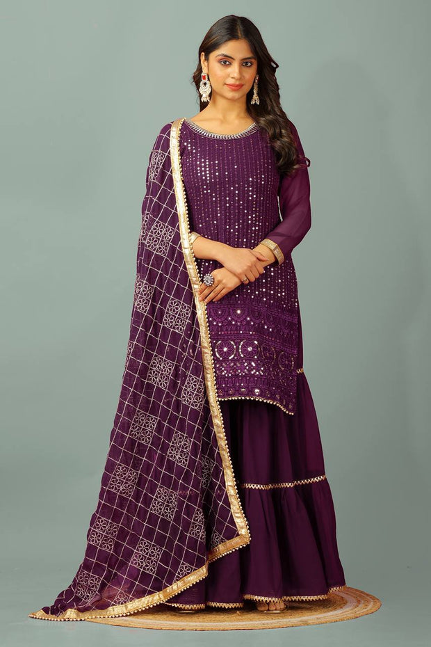 Fashionable Georgette Wine Color Sharara Suit