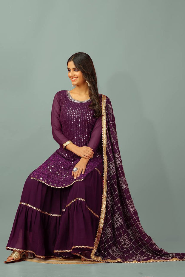 Fashionable Georgette Wine Color Sharara Suit