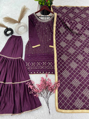Fashionable Georgette Wine Color Sharara Suit