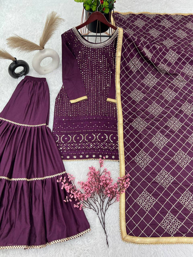 Fashionable Georgette Wine Color Sharara Suit