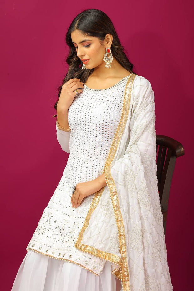 Fashionable Georgette White Color Sharara Suit
