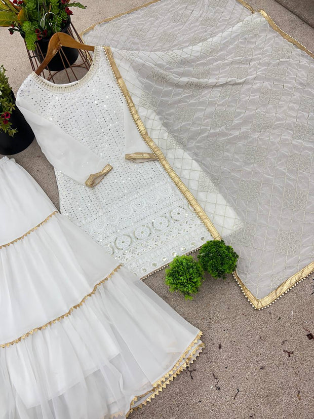 Fashionable Georgette White Color Sharara Suit