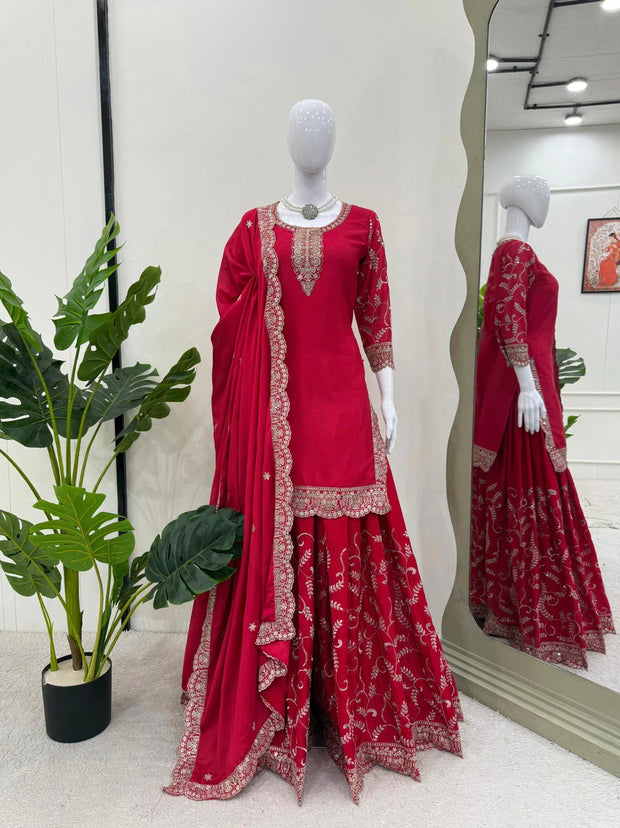 Elegant Red Color Chinon Silk Sharara Suit