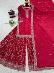 Elegant Red Color Chinon Silk Sharara Suit