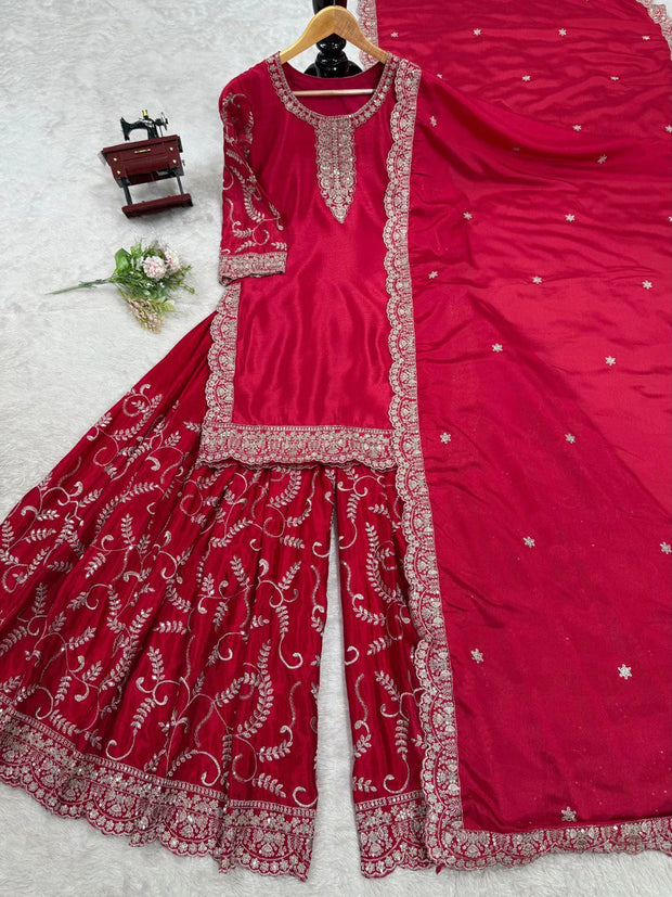 Elegant Red Color Chinon Silk Sharara Suit