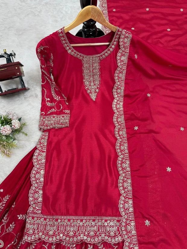 Elegant Red Color Chinon Silk Sharara Suit