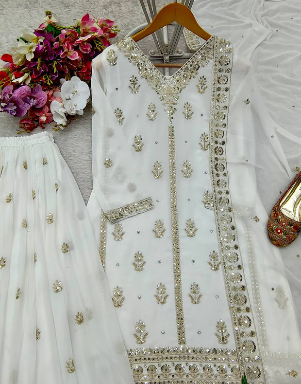 Superhit White Color Georgette Embroidery Work Sharara Suit