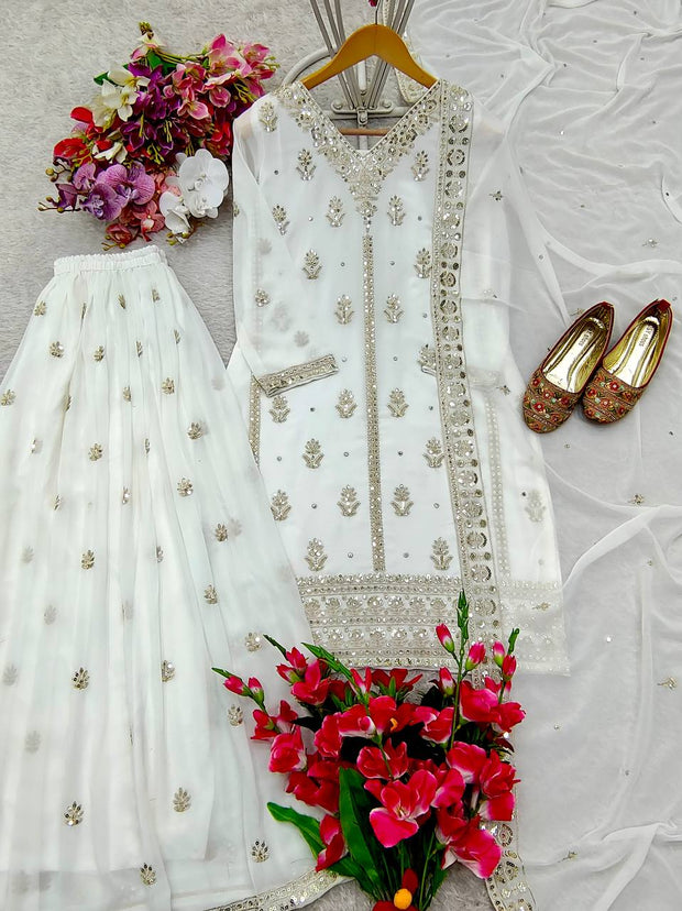 Superhit White Color Georgette Embroidery Work Sharara Suit
