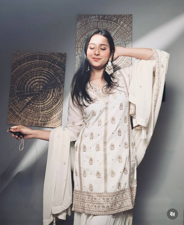 Superhit White Color Georgette Embroidery Work Sharara Suit