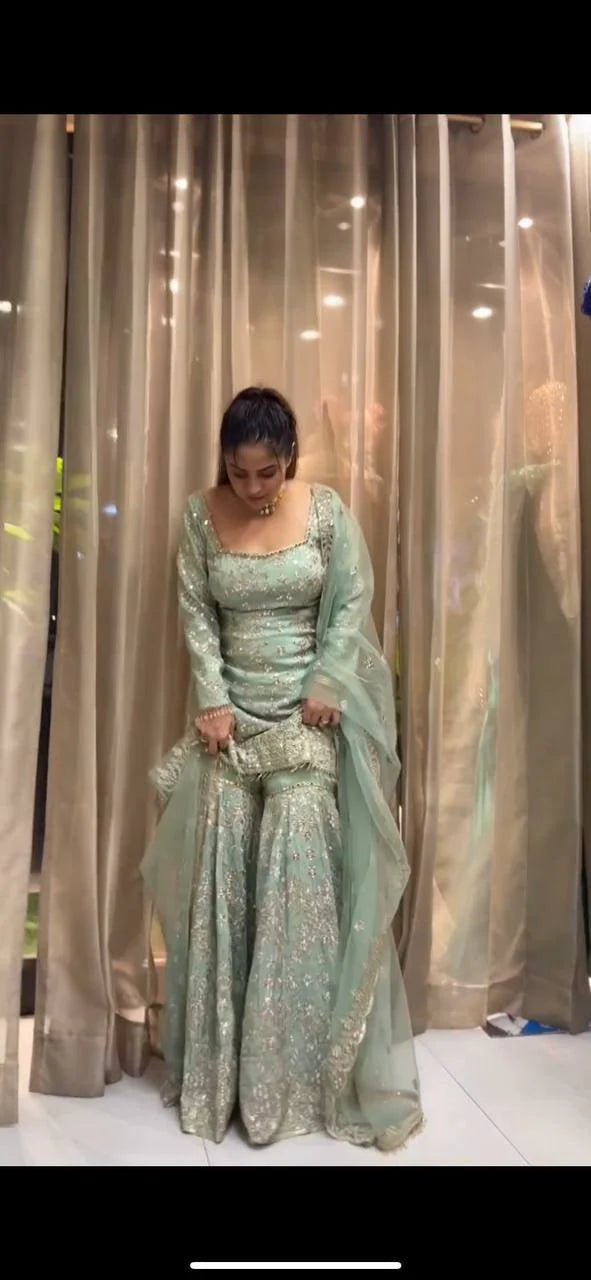 -50%   Wonderful Aqua Green Color Embroidery Work Sharara Suit