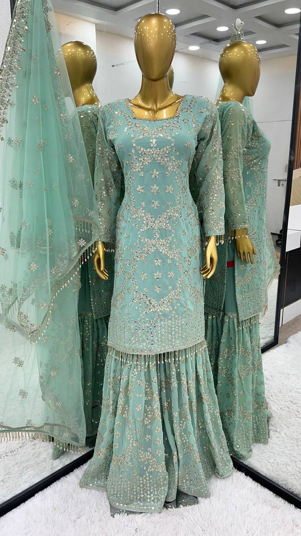-50%   Wonderful Aqua Green Color Embroidery Work Sharara Suit