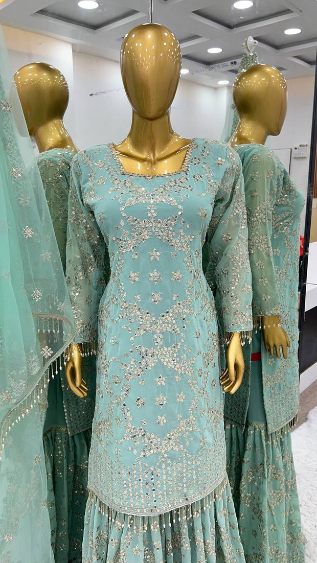 -50%   Wonderful Aqua Green Color Embroidery Work Sharara Suit