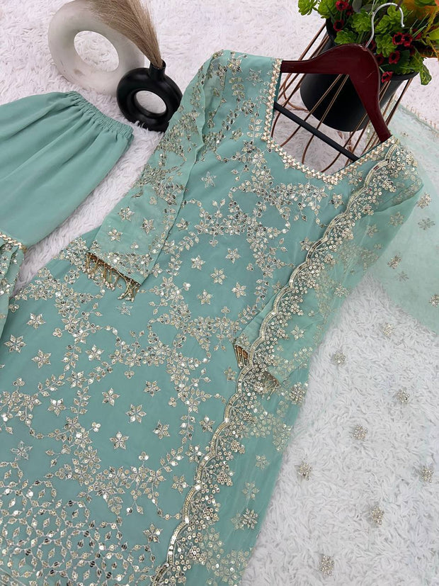 -50%   Wonderful Aqua Green Color Embroidery Work Sharara Suit