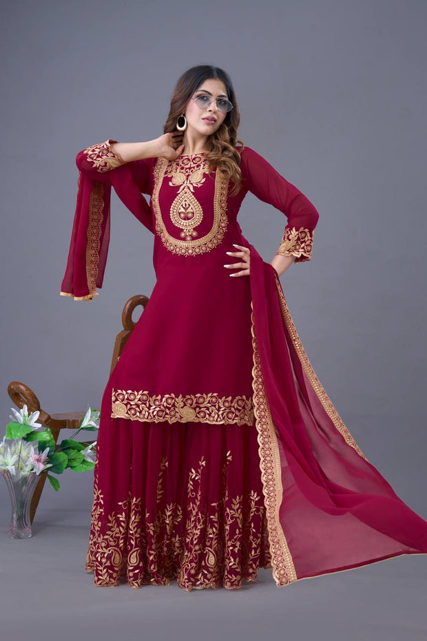 Blissful Maroon Color Sequence Thread Work Sharara Suit