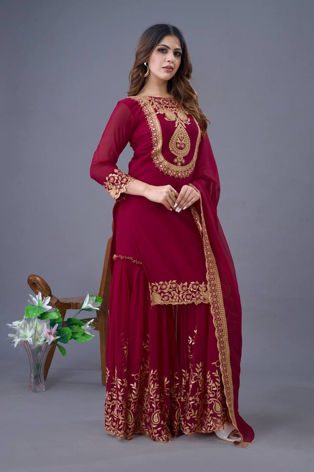 Blissful Maroon Color Sequence Thread Work Sharara Suit