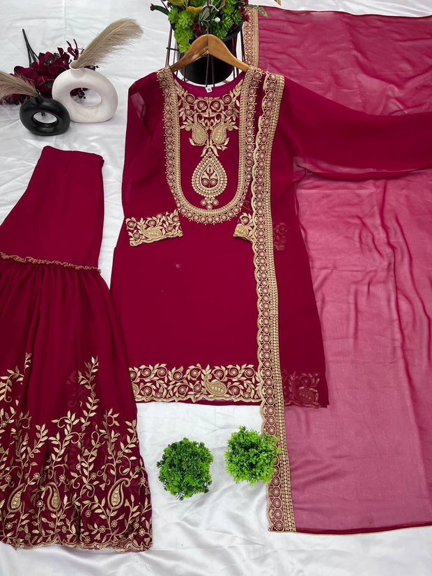 Blissful Maroon Color Sequence Thread Work Sharara Suit