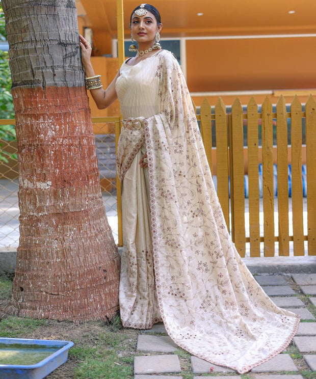 Captivating Silk Floral Design White Color Saree