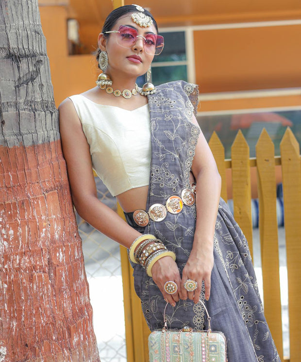 Captivating Silk Floral Design Grey Color Saree