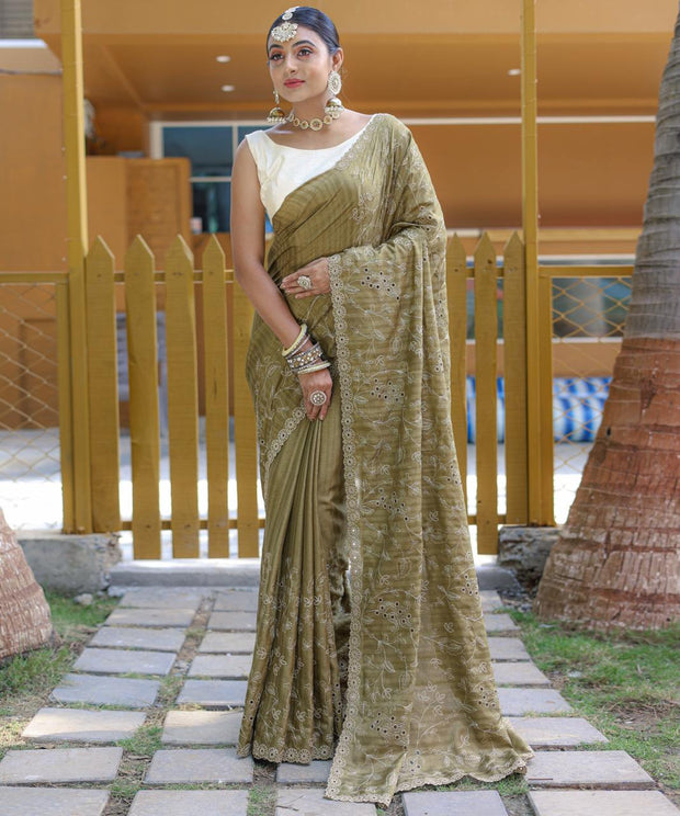 Captivating Silk Floral Design Mehndi Color Saree