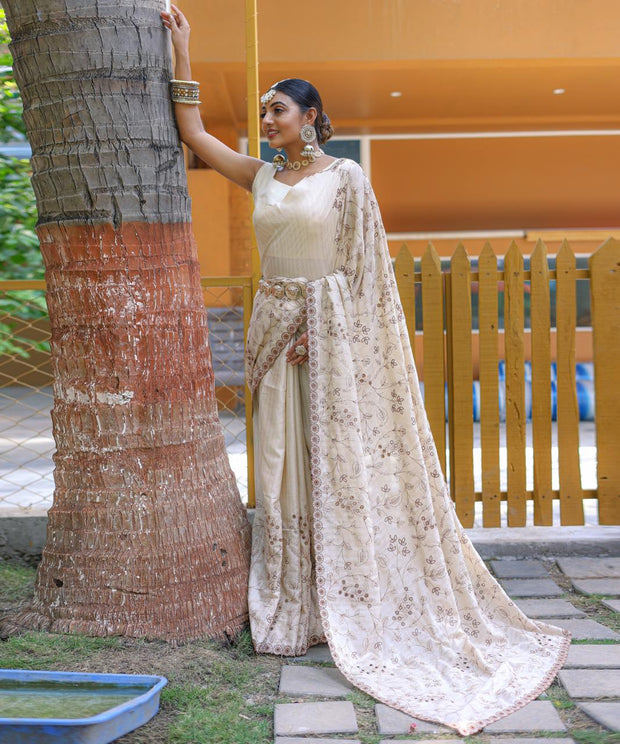 Captivating Silk Floral Design White Color Saree