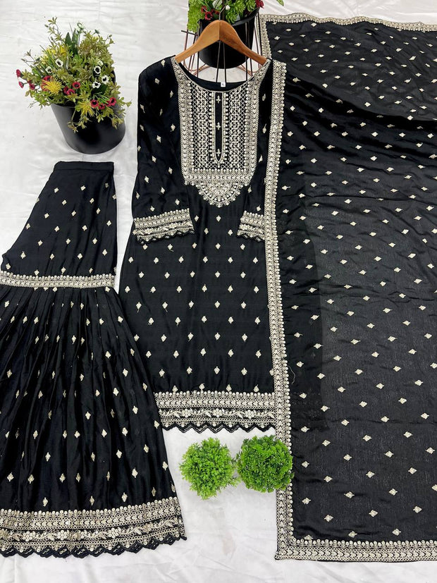 Heavy Embroidery Work Black Color Sharara Suit