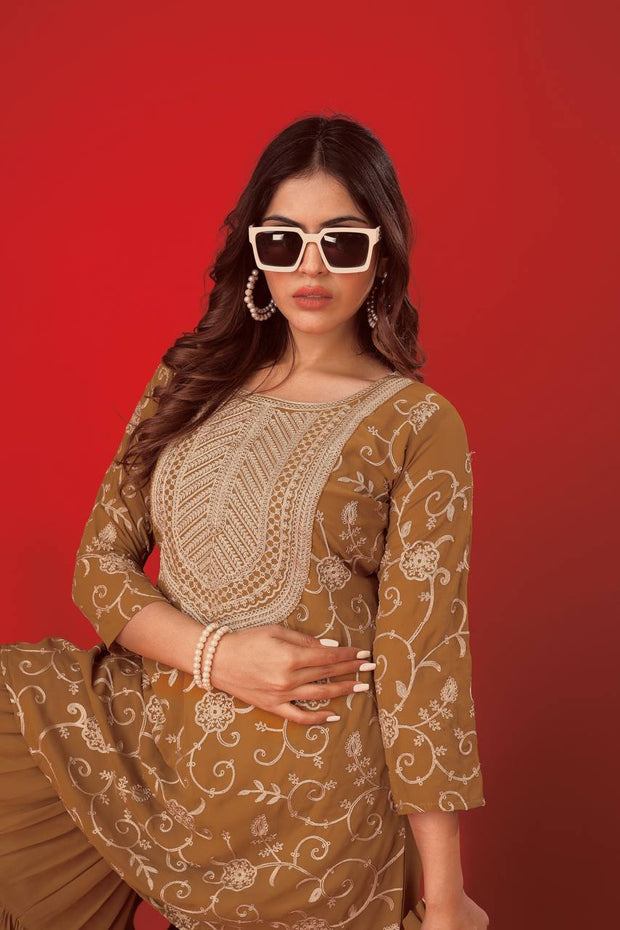 Designer Embroidery Work Brown Color Sharara Suit