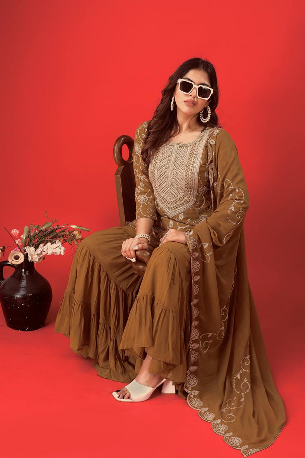 Designer Embroidery Work Brown Color Sharara Suit