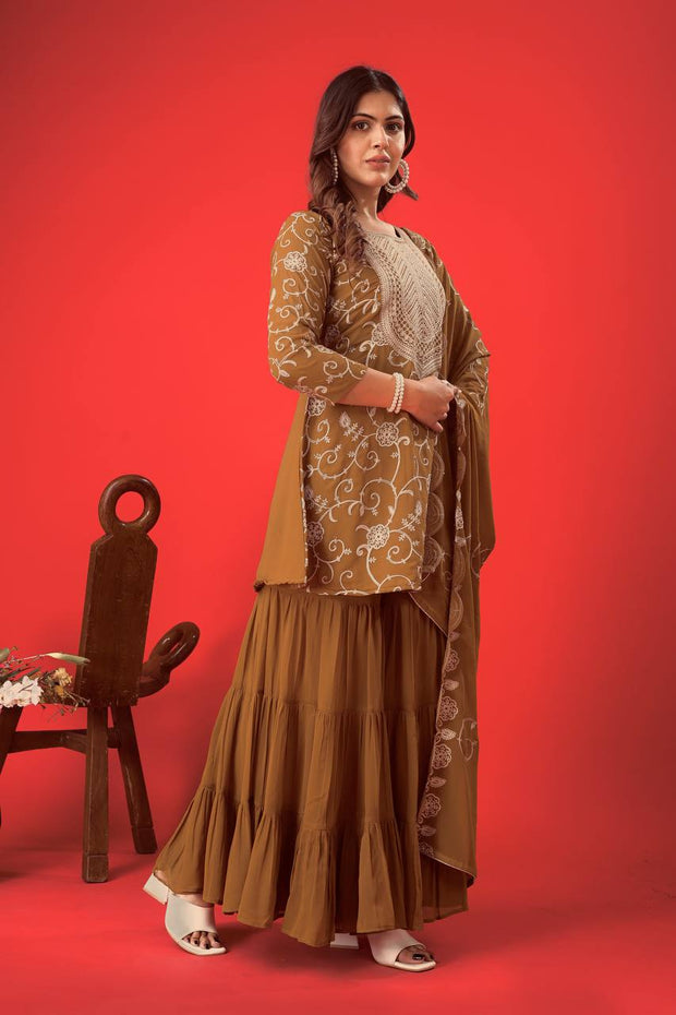 Designer Embroidery Work Brown Color Sharara Suit