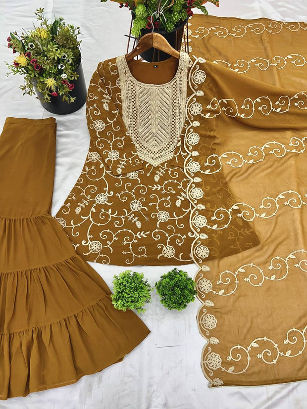 Designer Embroidery Work Brown Color Sharara Suit