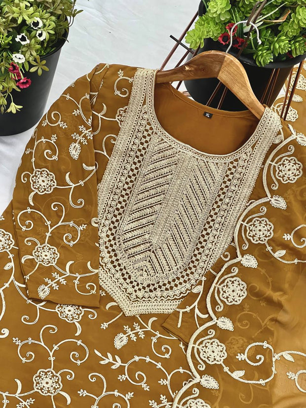 Designer Embroidery Work Brown Color Sharara Suit