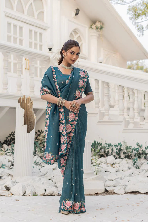 Imposing Crush Silk Teal Blue Color Saree