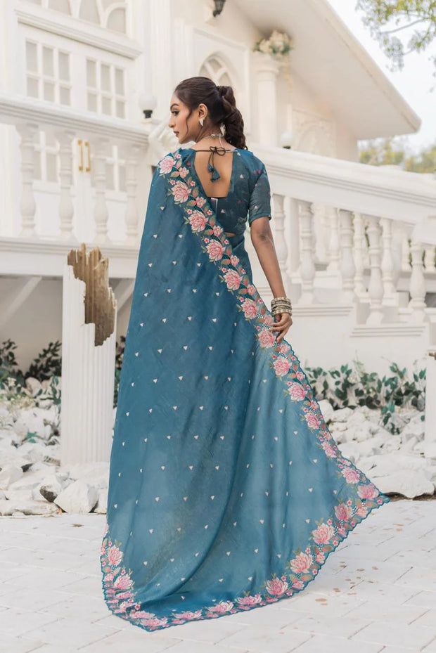 Imposing Crush Silk Teal Blue Color Saree