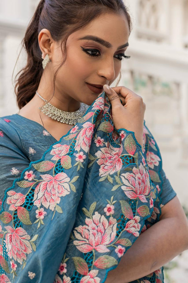 Imposing Crush Silk Teal Blue Color Saree