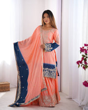 Good Looking Chinon Silk Rivet Moti Peach Color Sharara Suit