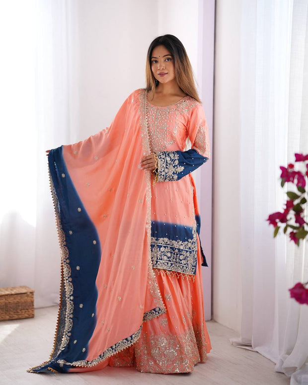 Good Looking Chinon Silk Rivet Moti Peach Color Sharara Suit