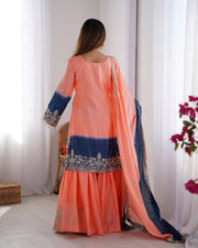 Good Looking Chinon Silk Rivet Moti Peach Color Sharara Suit