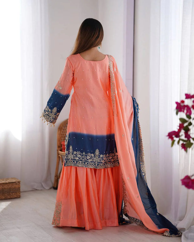 Good Looking Chinon Silk Rivet Moti Peach Color Sharara Suit