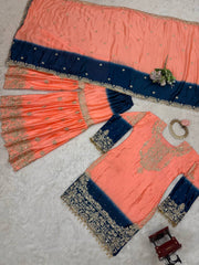 Good Looking Chinon Silk Rivet Moti Peach Color Sharara Suit