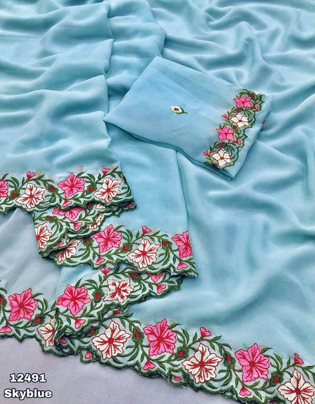Festive Wear Georgette Sky Blue Color Saree