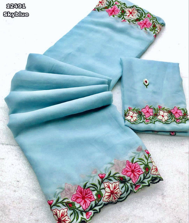 Festive Wear Georgette Sky Blue Color Saree
