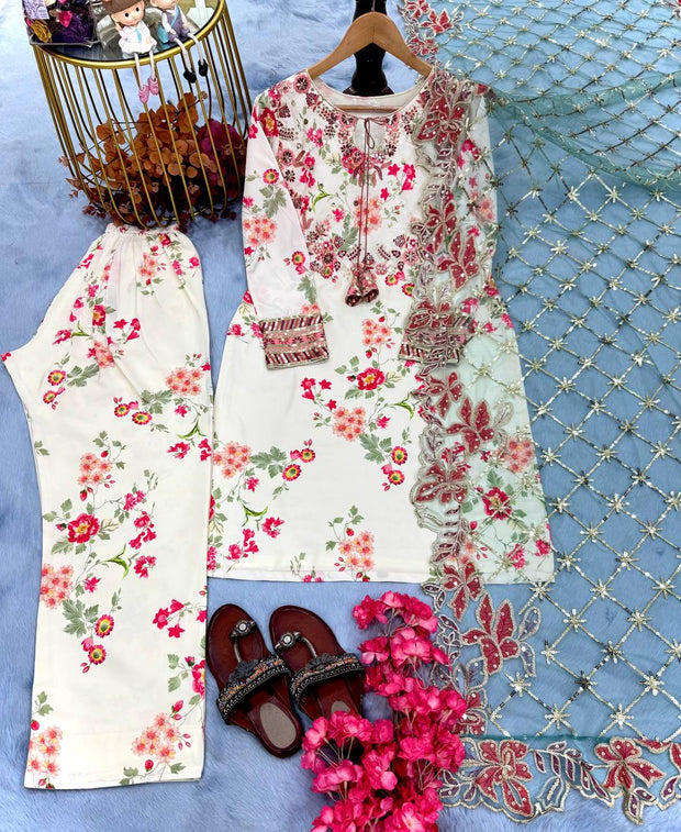 Delightful Modal Silk White Color Palazzo Suit