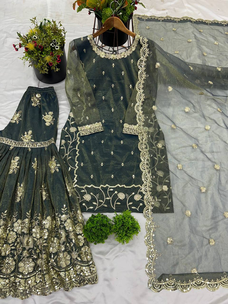 Peaceful Heavy Embroidery Work Green Color Sharara Suit