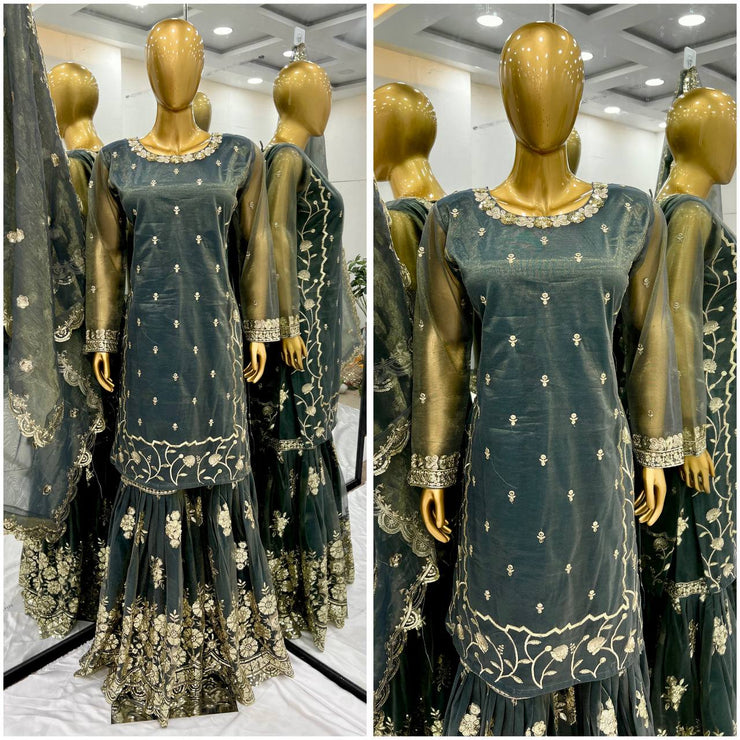Peaceful Heavy Embroidery Work Green Color Sharara Suit