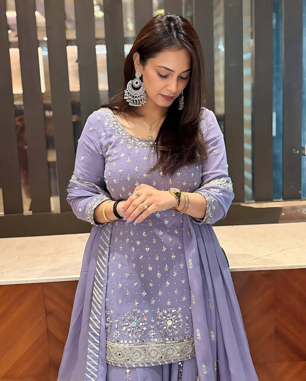 Designer Georgette Lavender Color Palazzo Suit