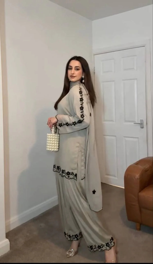 Captivating Embroidery Work Off White Color Palazzo Suit